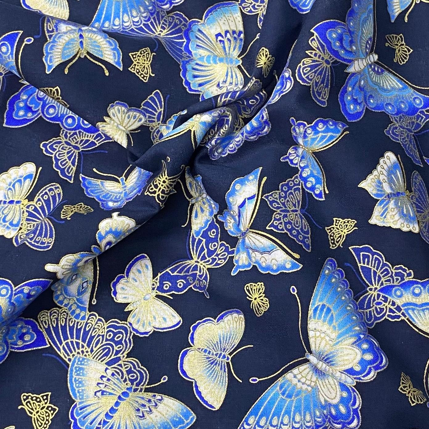 Per Metre Oriental Gold Foil Printed Cotton - 55" Wide (Navy Butterfly)