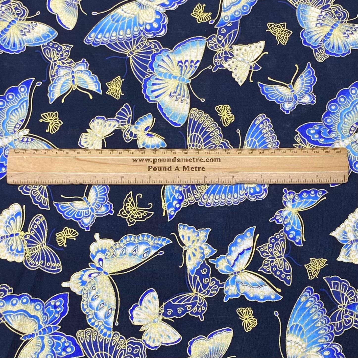 Per Metre Oriental Gold Foil Printed Cotton - 55" Wide (Navy Butterfly)