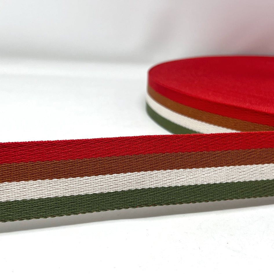 Per Metre Stripe Webbing, RED, NATURALS & GREEN - 40mm