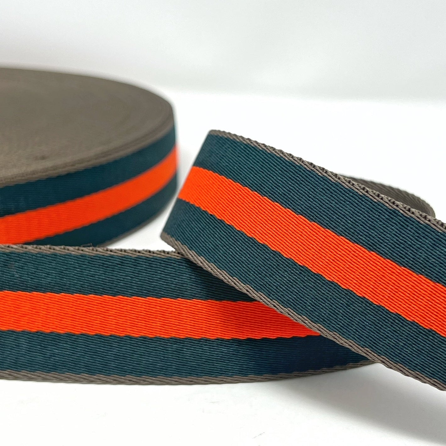 Per Metre Stripe Webbing, EMERALD & ORANGE- 40mm