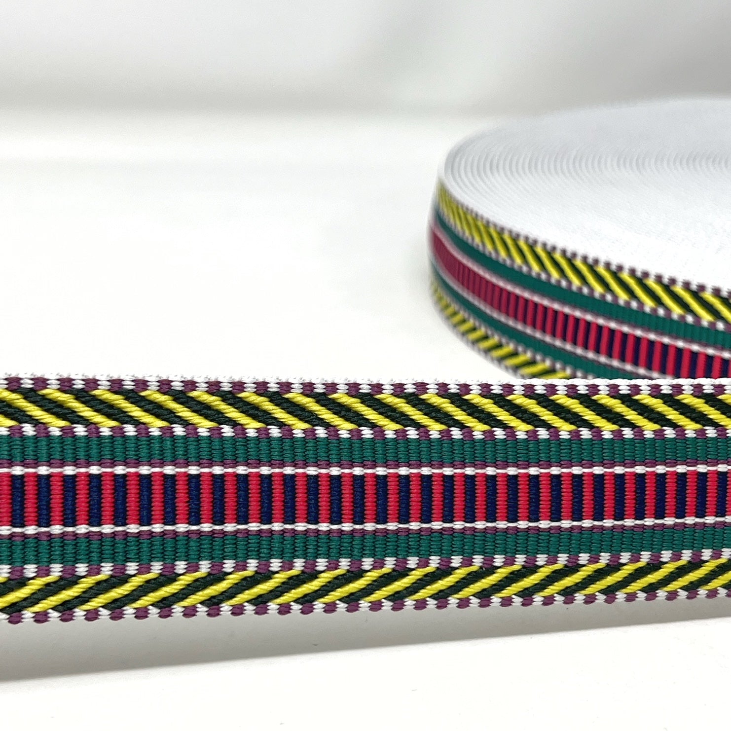Per Metre Textured Stripe Webbing, GREEN, RED & YELLOW - 40mm