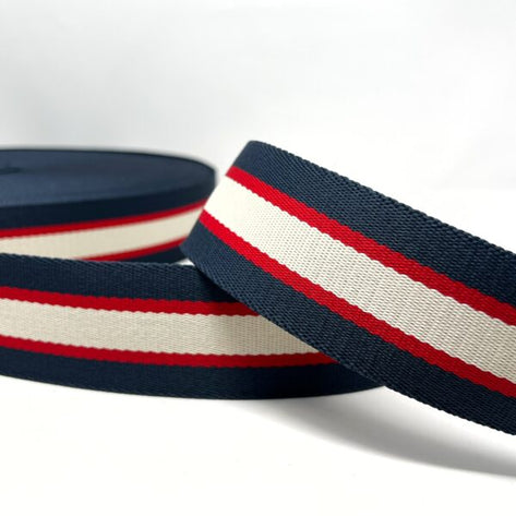 Per Metre Stripe Webbing, NAVY, RED & BEIGE- 50mm