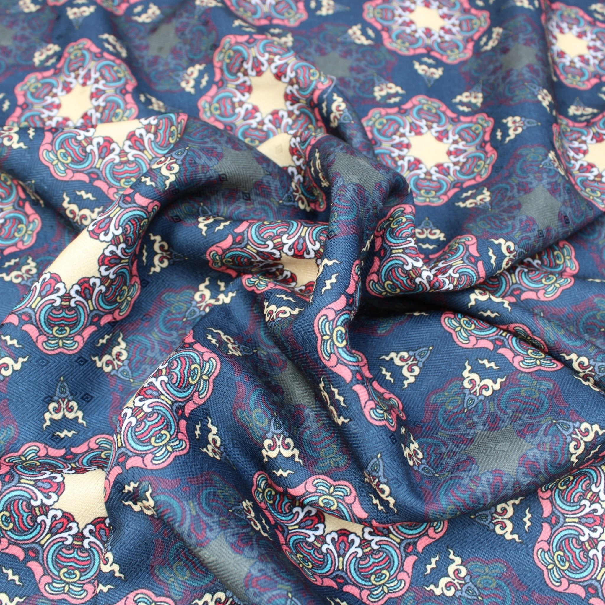 3 Metres Super Soft Printed Cashmere Effect Floral Fabric - 45" Wide Magnetic Blue - Dream Fabrics