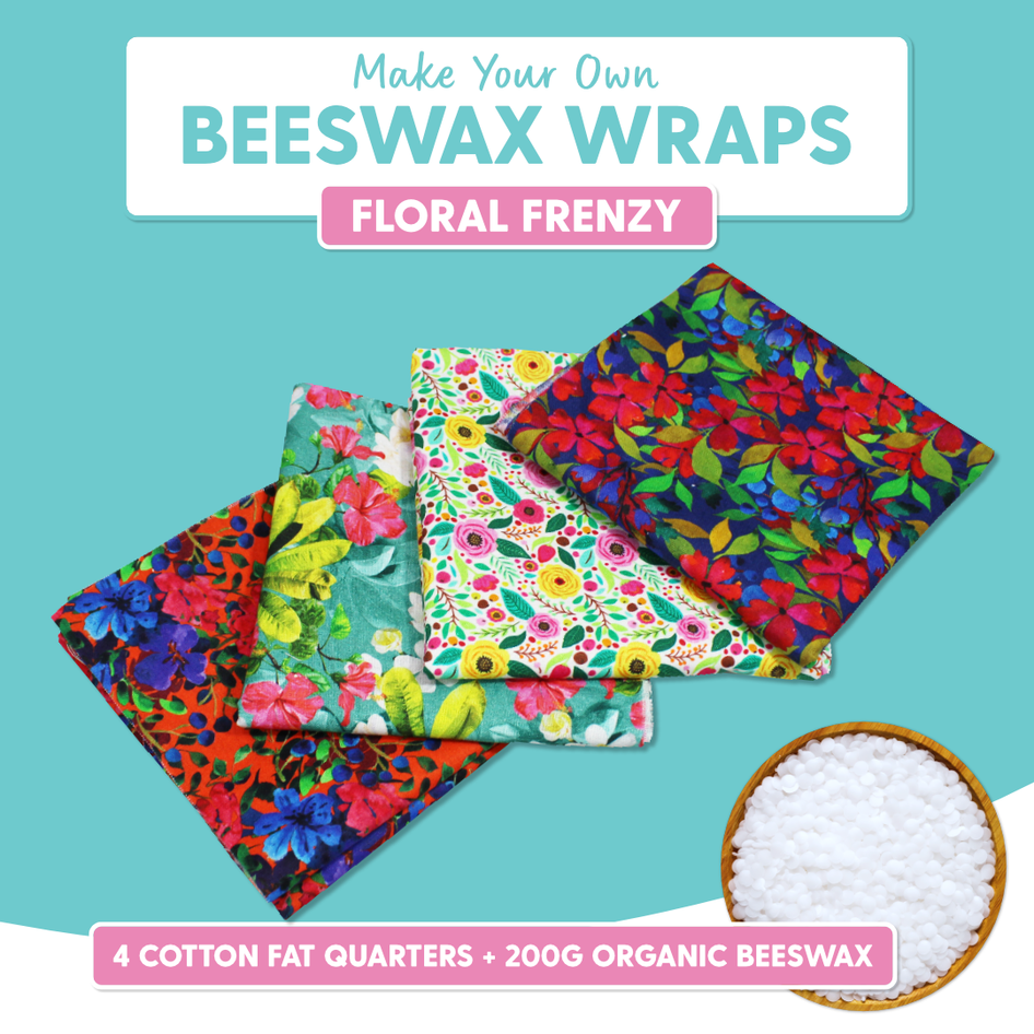 DIY Beeswax Wrap Kit- 4 Cotton Fat Quarters + 200g Beeswax (Floral Frenzy)