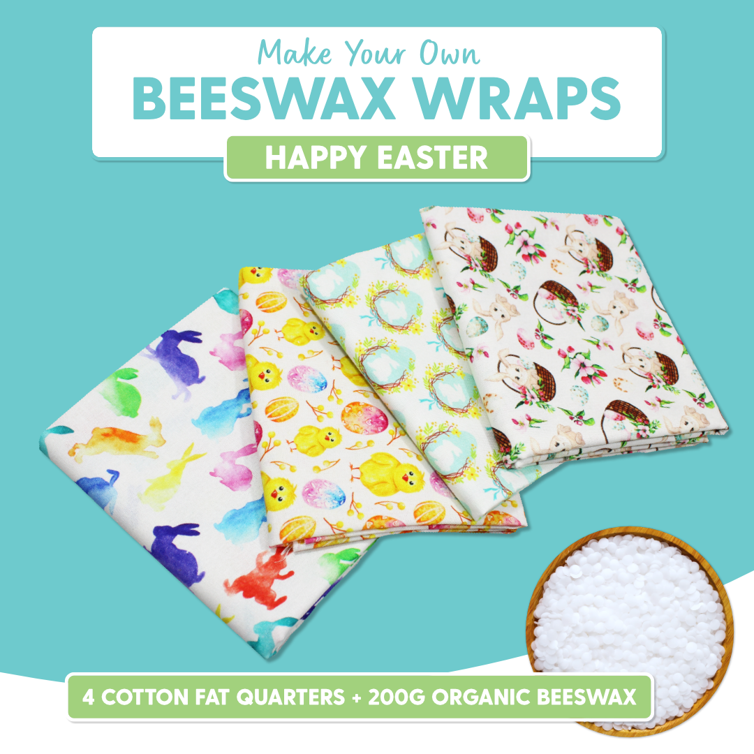 DIY Beeswax Wrap Kit- 4 Cotton Fat Quarters + 200g Beeswax (Happy Easter)