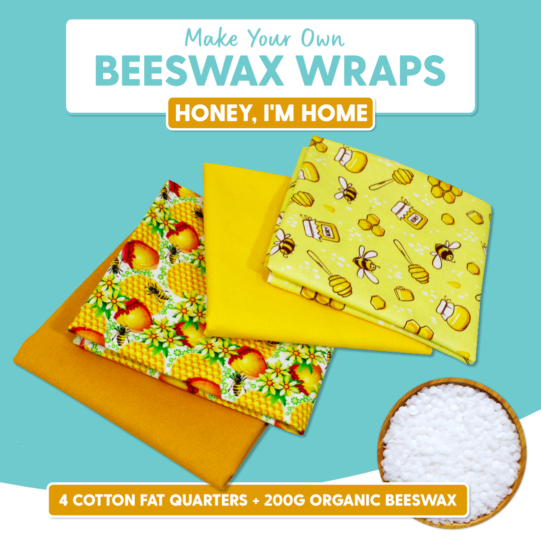 DIY Beeswax Wrap Kit- 4 Cotton Fat Quarters + 200g Beeswax (Honey, I'm Home)