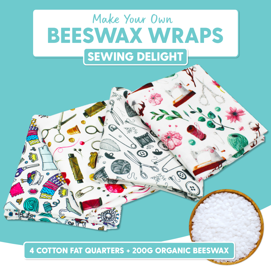 DIY Beeswax Wrap Kit- 4 Cotton Fat Quarters + 200g Beeswax (Sewing Delight)
