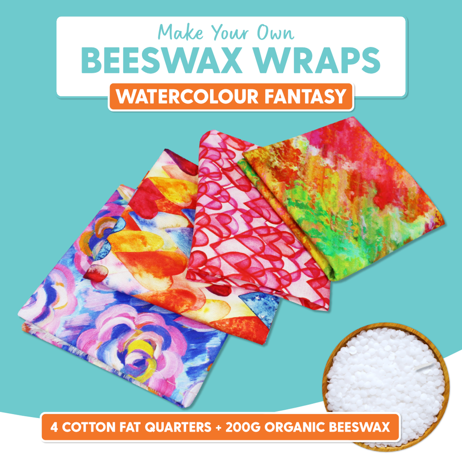 DIY Beeswax Wrap Kit- 4 Cotton Fat Quarters + 200g Beeswax (Watercolour Fantasy)
