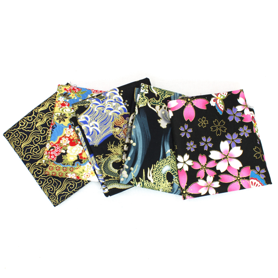 5 Piece Exclusive Oriental Gold Foil Fat Quarter 100% Cotton - Black
