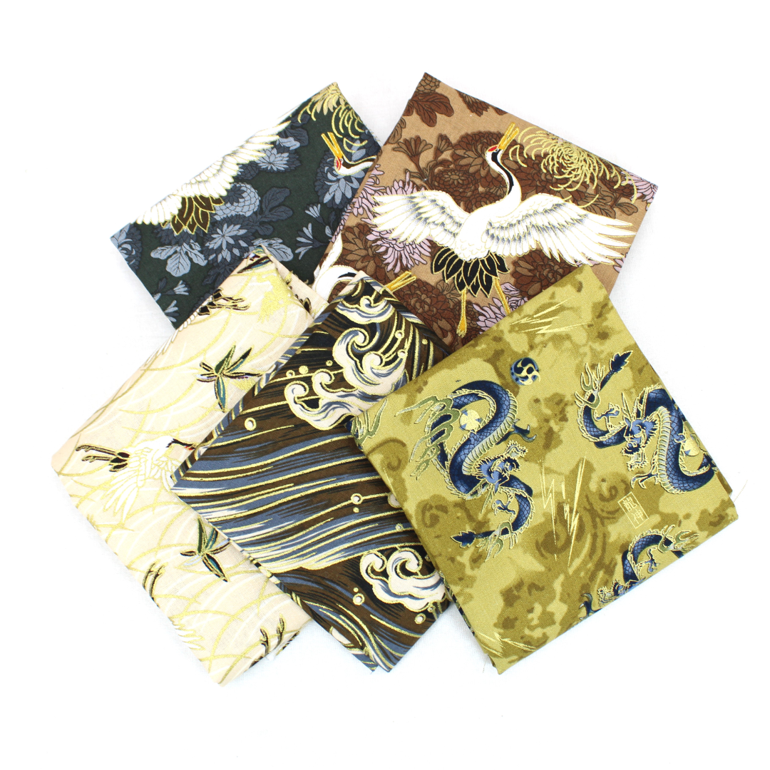 5 Piece Exclusive Oriental Gold Foil Fat Quarter 100% Cotton - Golden Brown