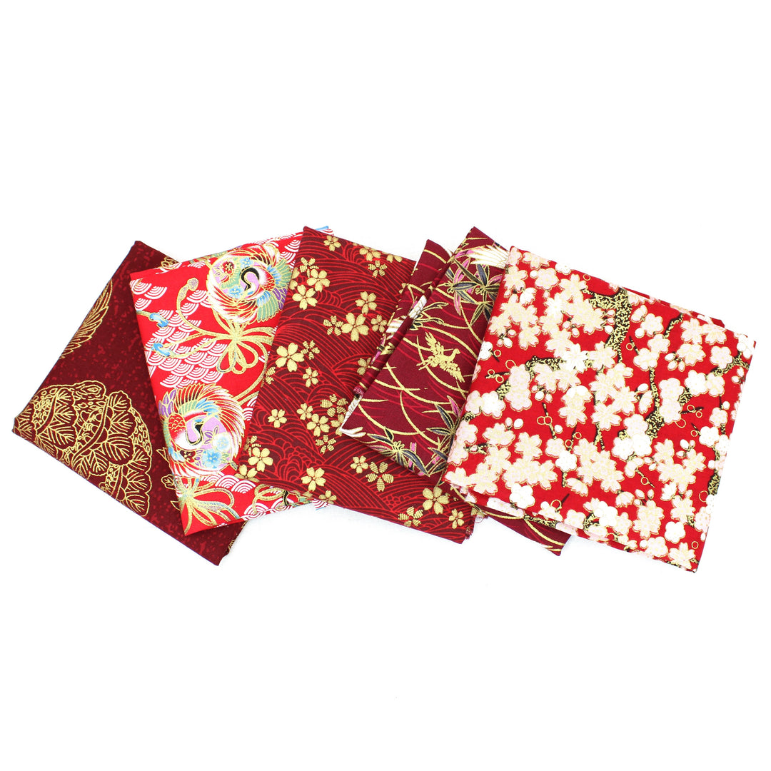 5 Piece Exclusive Oriental Gold Foil Fat Quarter 100% Cotton - Red