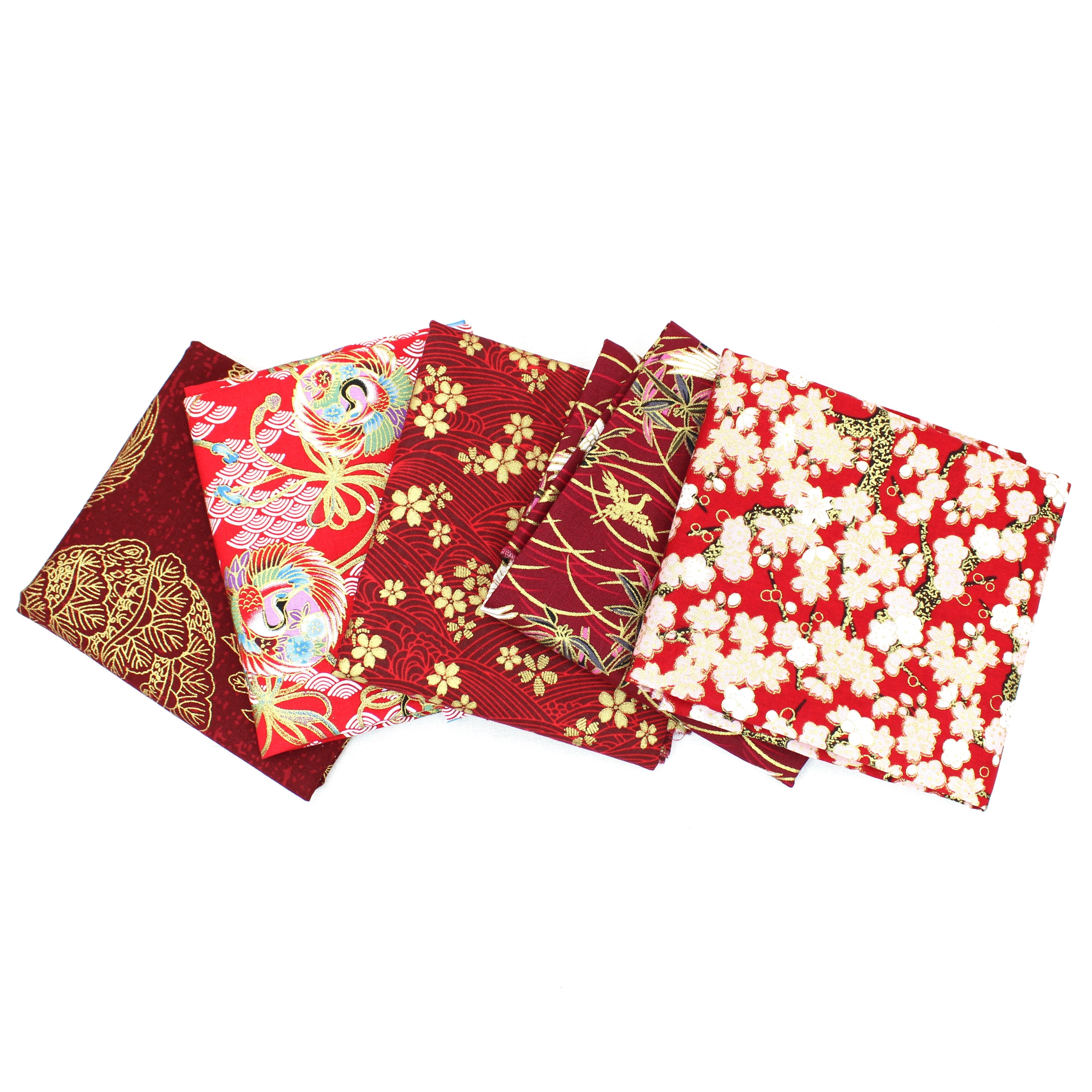 5 Piece Exclusive Oriental Gold Foil Fat Quarter 100% Cotton - Red