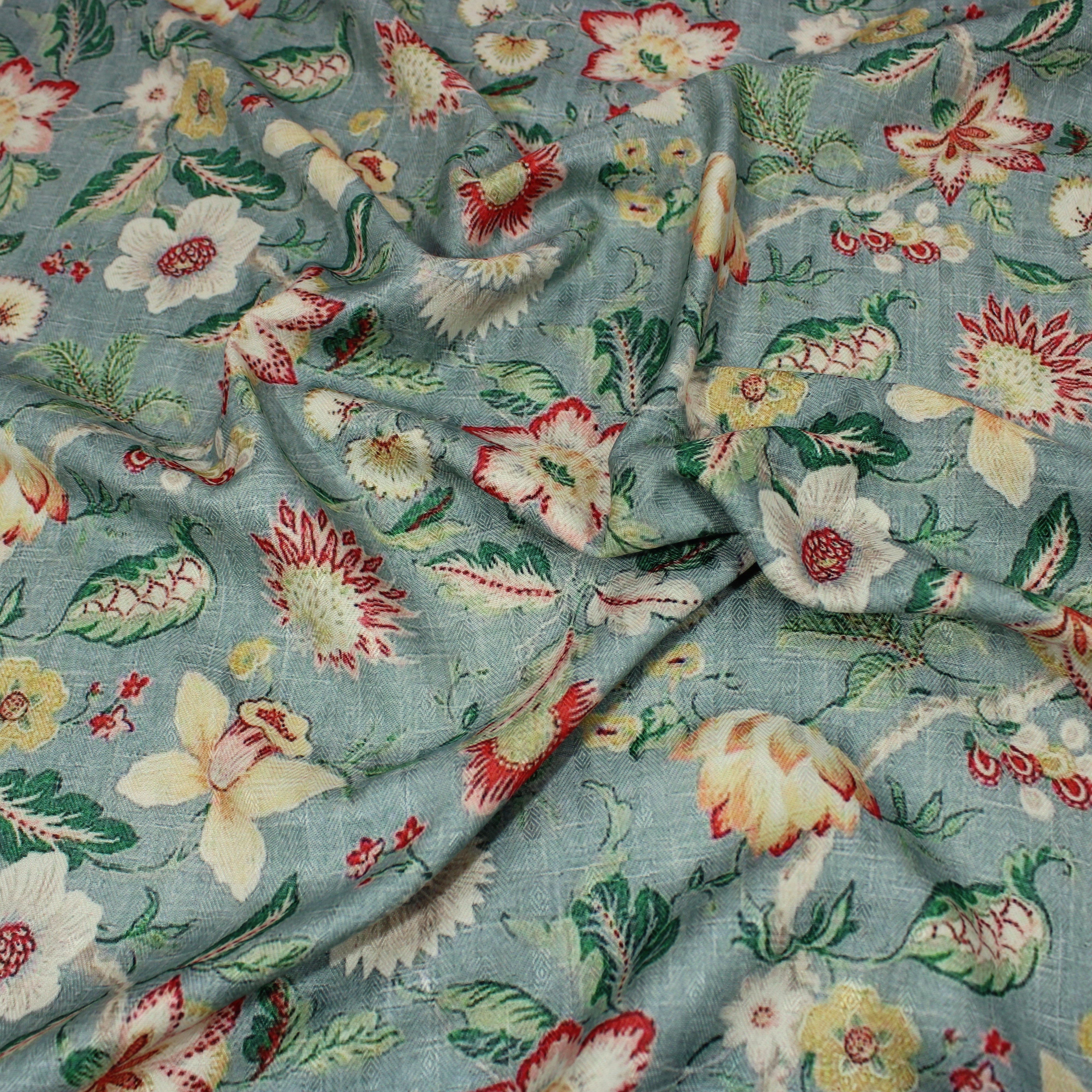 Printed Cashmere Effect Crepe Fabric- 45" Wide (Turquoise Floral) (3 Metres )