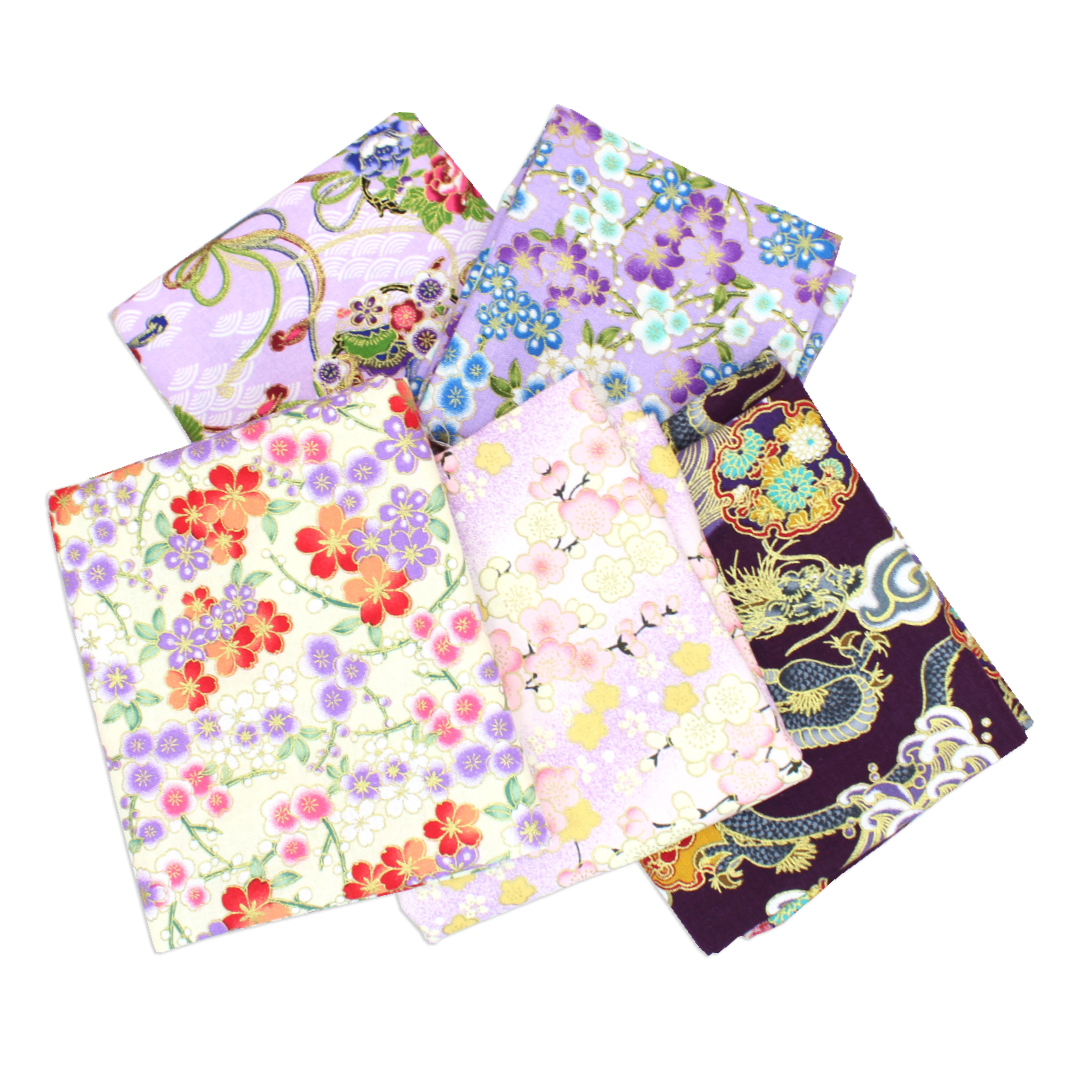5 Piece Exclusive Oriental Gold Foil Fat Quarter 100% Cotton - Lilac