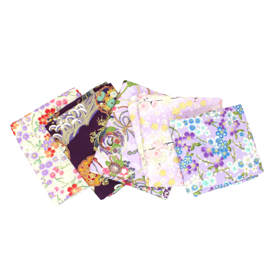 5 Piece Exclusive Oriental Gold Foil Fat Quarter 100% Cotton - Lilac