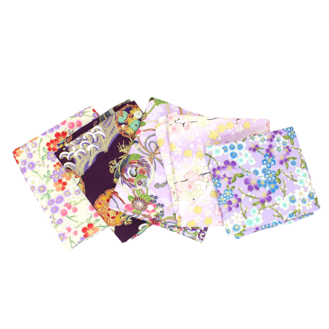 5 Piece Exclusive Oriental Gold Foil Fat Quarter 100% Cotton - Lilac