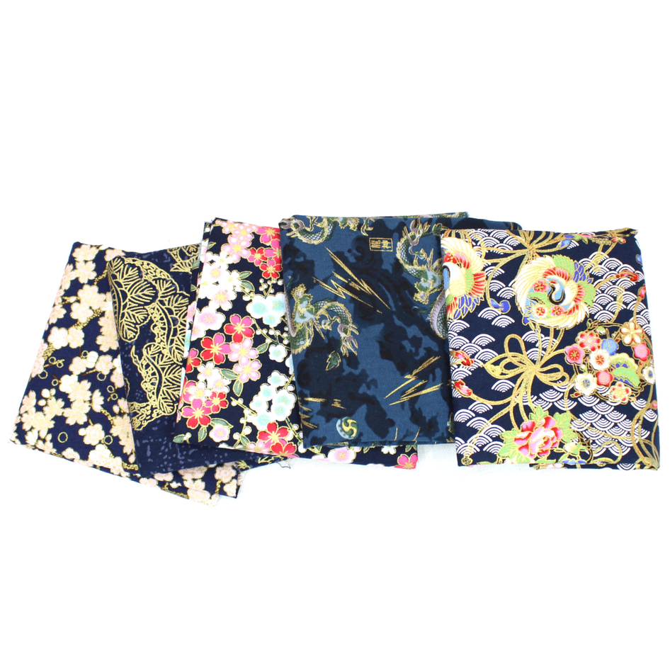 5 Piece Exclusive Oriental Gold Foil Fat Quarter 100% Cotton - Navy