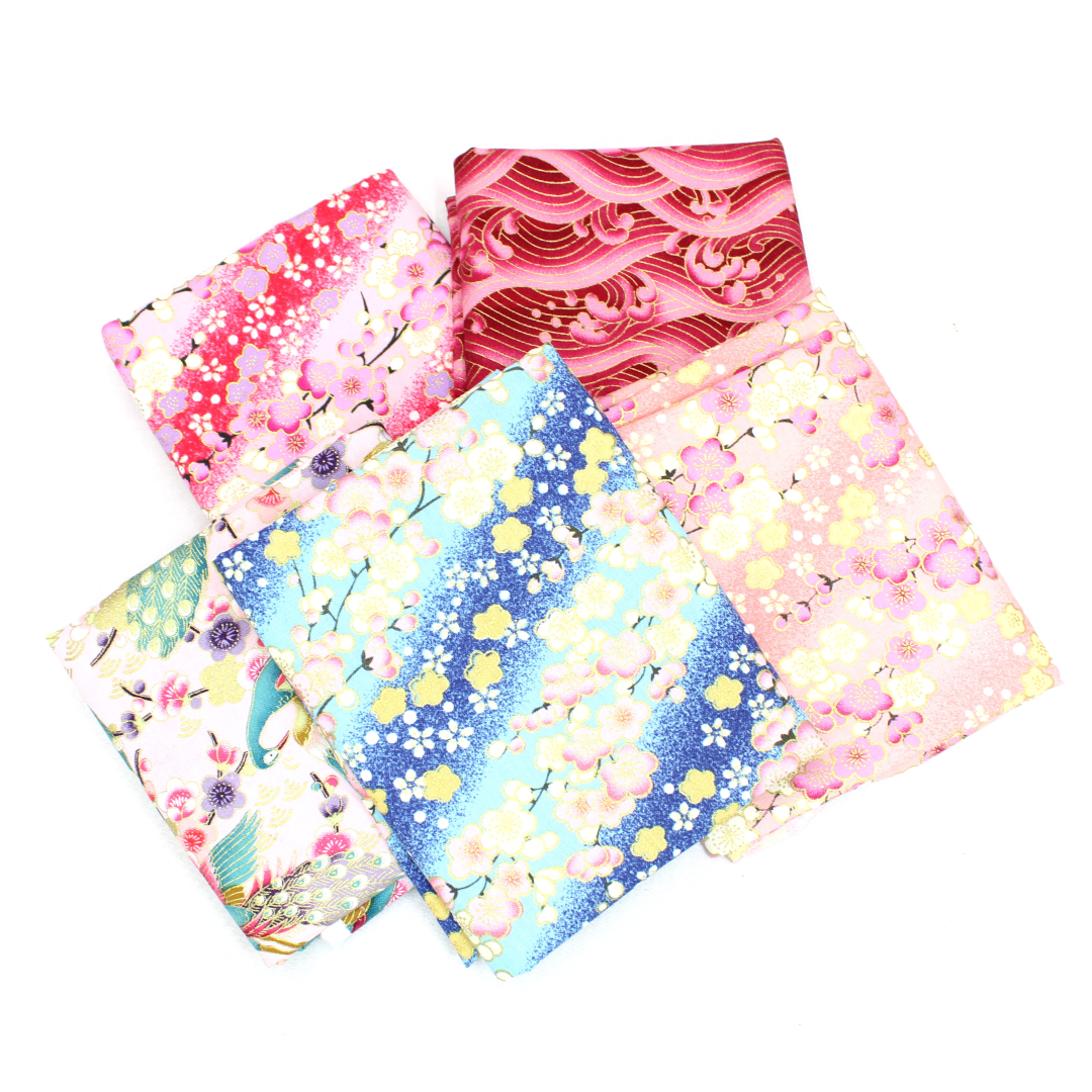 5 Piece Exclusive Oriental Gold Foil Fat Quarter 100% Cotton - Pink
