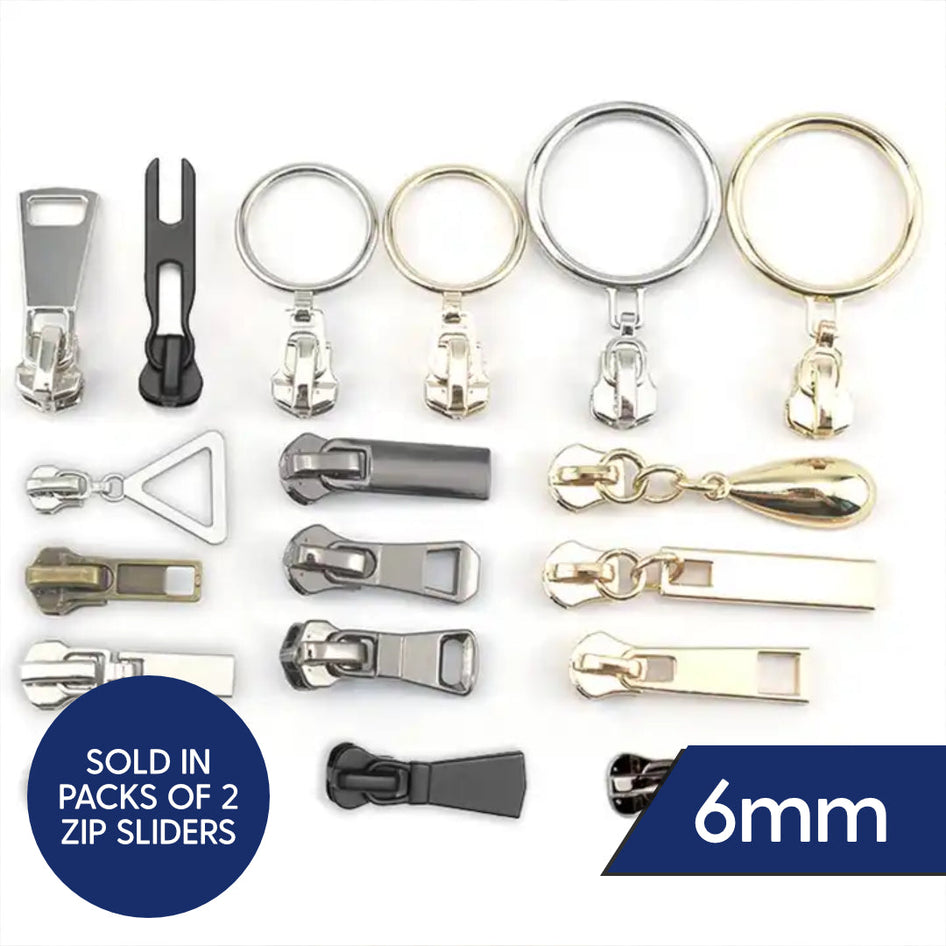 6mm Metal Zip Sliders- Variety Of Designs- Pack of 2